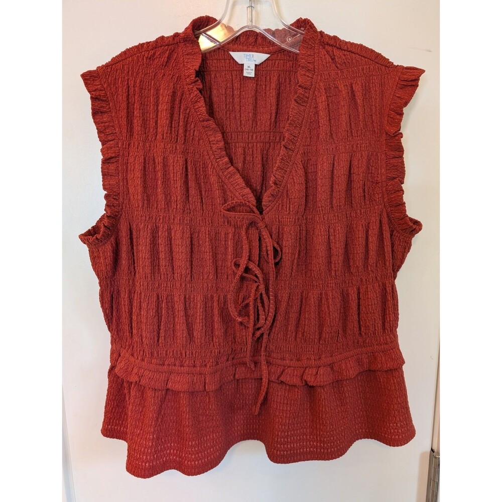Smocked Sleeveless Tie Front Peplum Ruffle Blouse XL Orange Ren Faire Milkmaid